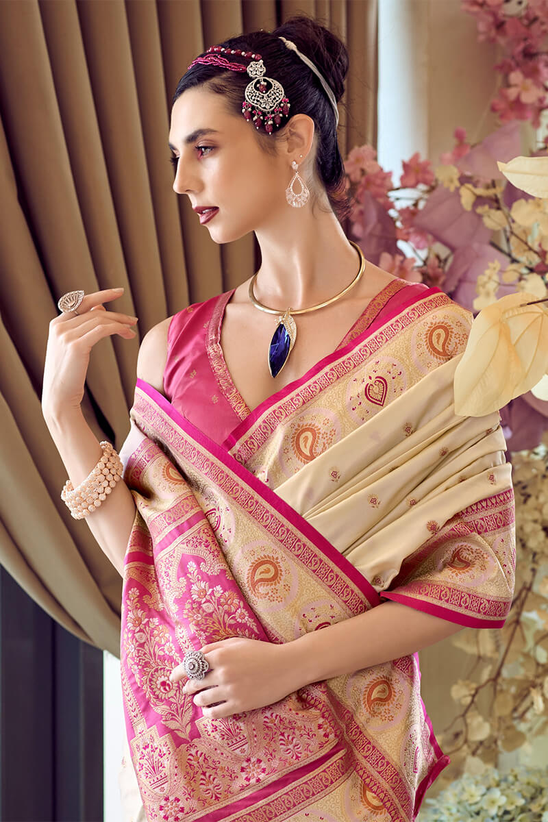 Enigmatic Beige Soft Banarasi Silk Saree With Sophisticated Blouse Piece