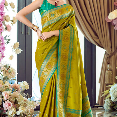 Amazing Mehndi Soft Banarasi Silk Saree With Skinny Blouse Piece