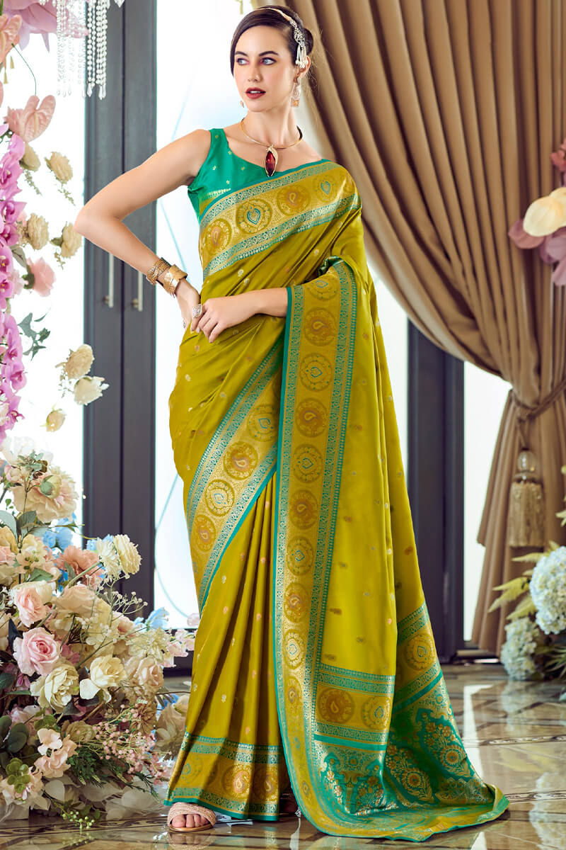 Amazing Mehndi Soft Banarasi Silk Saree With Skinny Blouse Piece
