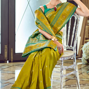 Amazing Mehndi Soft Banarasi Silk Saree With Skinny Blouse Piece