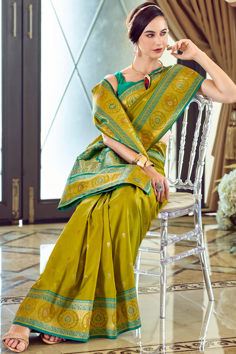Amazing Mehndi Soft Banarasi Silk Saree With Skinny Blouse Piece