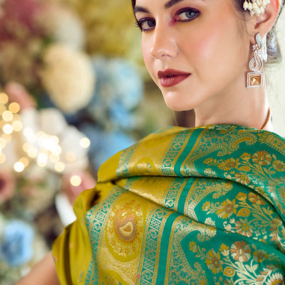 Amazing Mehndi Soft Banarasi Silk Saree With Skinny Blouse Piece