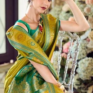 Amazing Mehndi Soft Banarasi Silk Saree With Skinny Blouse Piece
