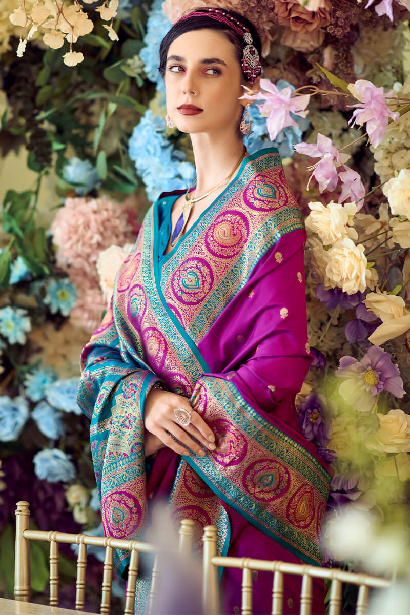 Zephyr Purple Soft Banarasi Silk Saree With Flattering Blouse Piece