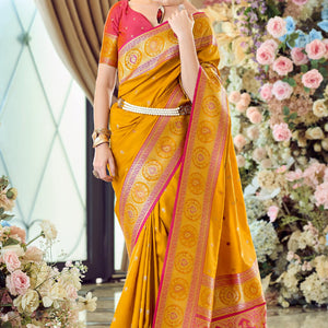 Admirable Yellow Soft Banarasi Silk Saree With Desuetude Blouse Piece
