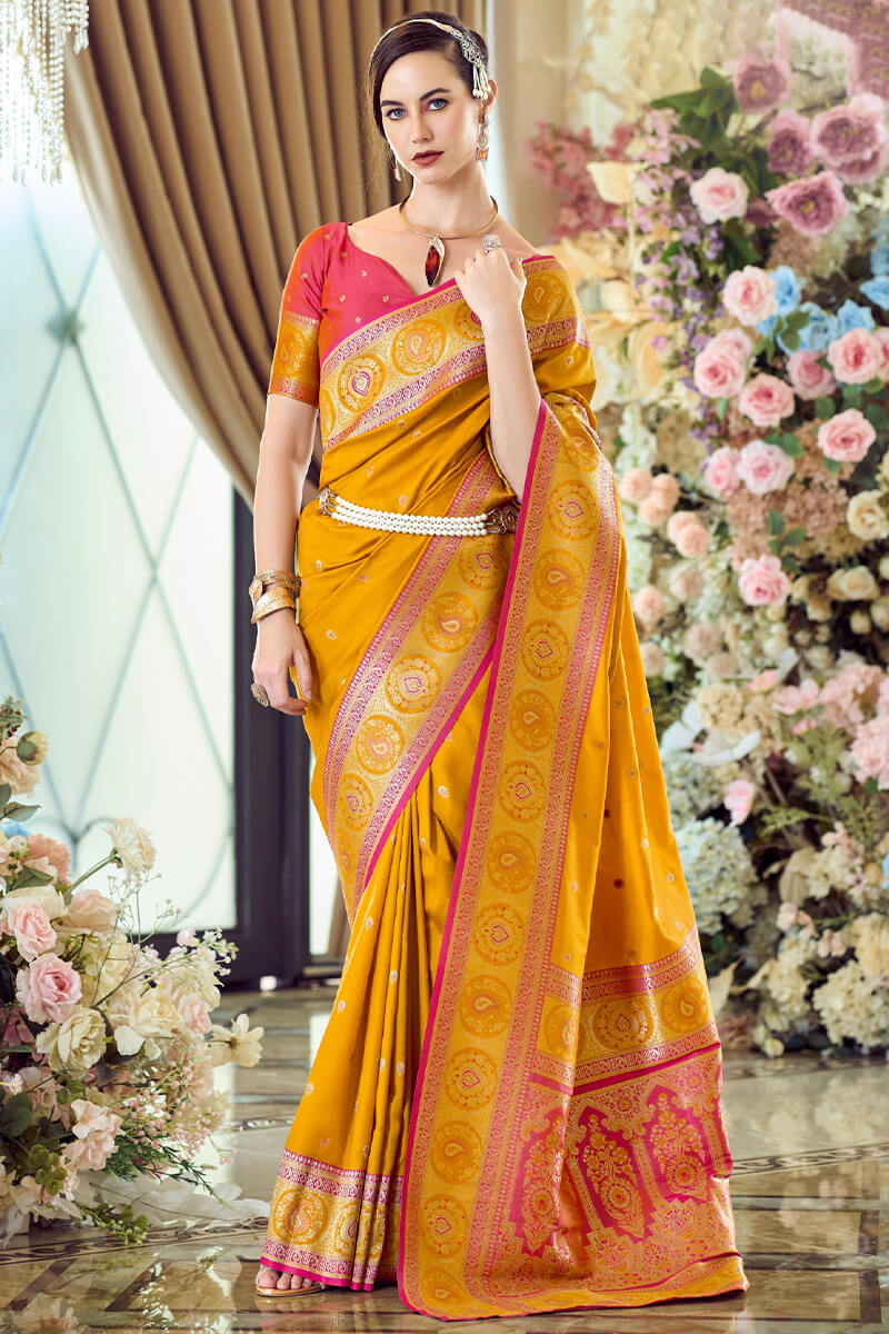 Admirable Yellow Soft Banarasi Silk Saree With Desuetude Blouse Piece