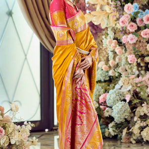 Admirable Yellow Soft Banarasi Silk Saree With Desuetude Blouse Piece