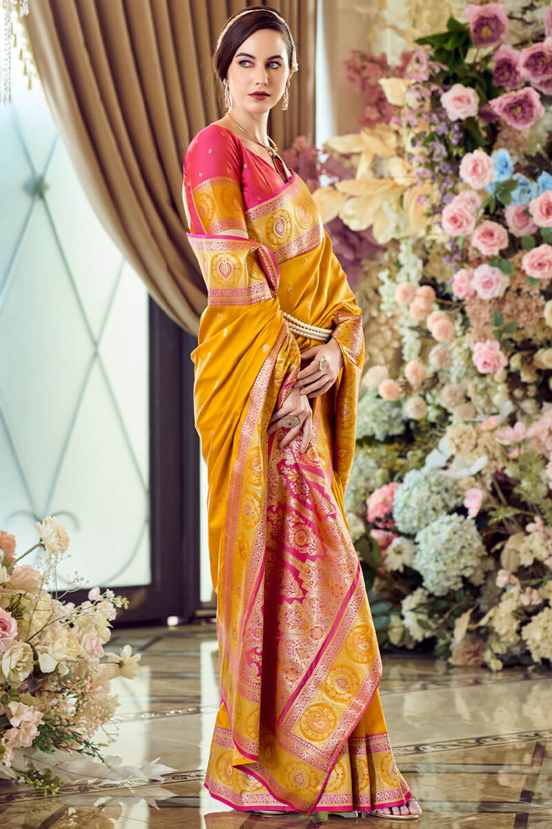 Admirable Yellow Soft Banarasi Silk Saree With Desuetude Blouse Piece
