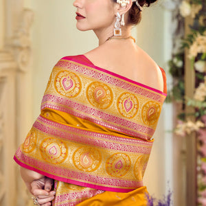Admirable Yellow Soft Banarasi Silk Saree With Desuetude Blouse Piece