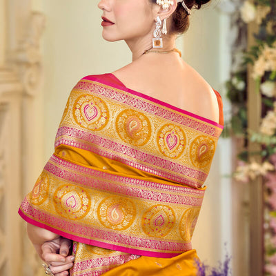Admirable Yellow Soft Banarasi Silk Saree With Desuetude Blouse Piece