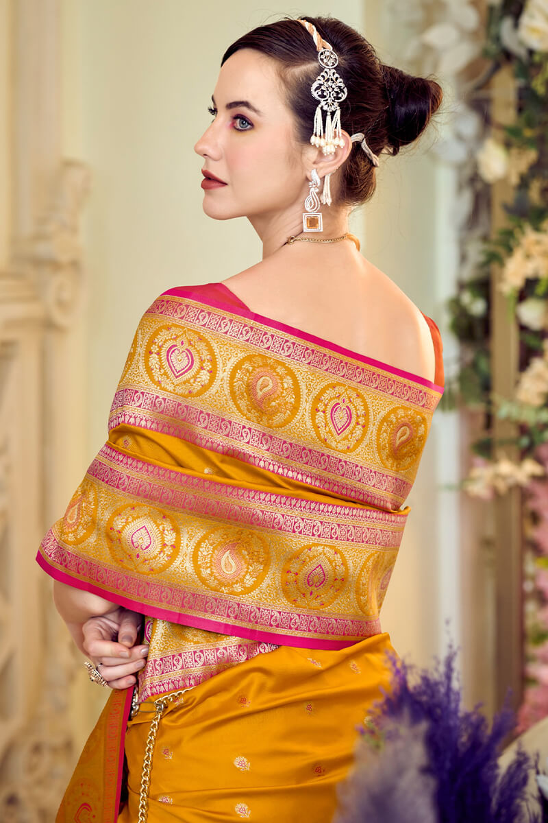 Admirable Yellow Soft Banarasi Silk Saree With Desuetude Blouse Piece