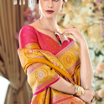 Admirable Yellow Soft Banarasi Silk Saree With Desuetude Blouse Piece