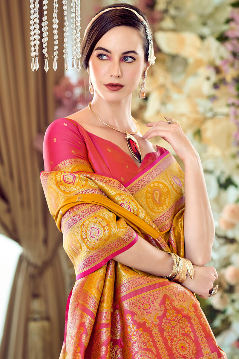 Admirable Yellow Soft Banarasi Silk Saree With Desuetude Blouse Piece