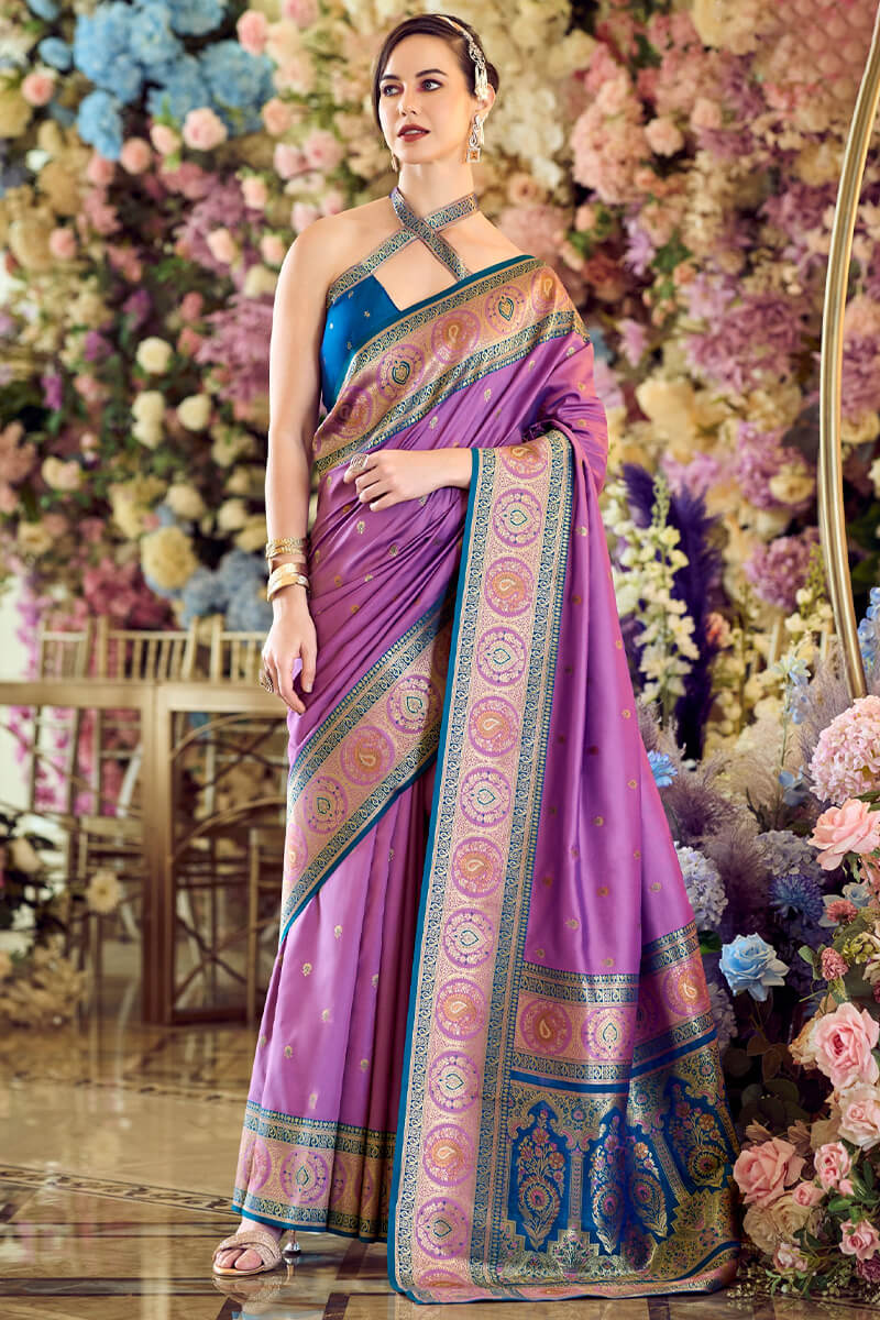 Fairytale Lavender Soft Banarasi Silk Saree With Supernal Blouse Piece