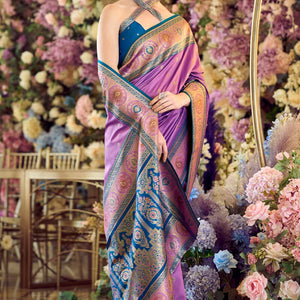 Fairytale Lavender Soft Banarasi Silk Saree With Supernal Blouse Piece