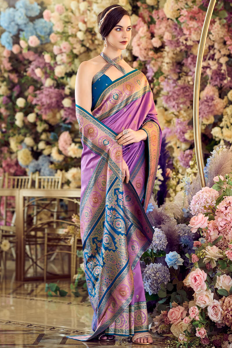 Fairytale Lavender Soft Banarasi Silk Saree With Supernal Blouse Piece
