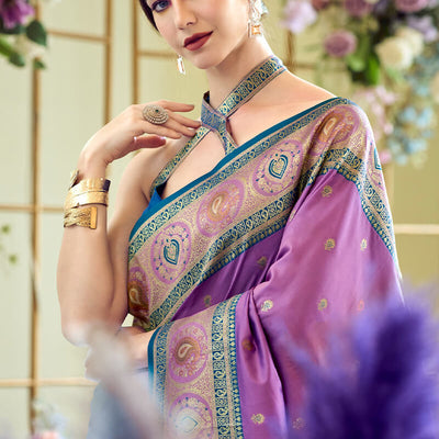 Fairytale Lavender Soft Banarasi Silk Saree With Supernal Blouse Piece