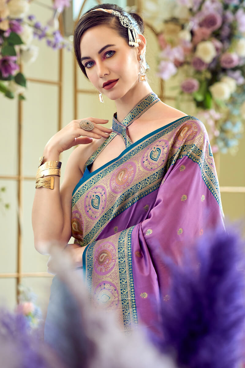 Fairytale Lavender Soft Banarasi Silk Saree With Supernal Blouse Piece
