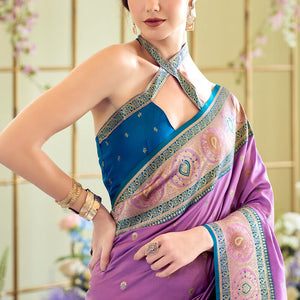 Fairytale Lavender Soft Banarasi Silk Saree With Supernal Blouse Piece