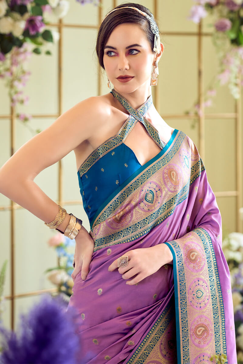 Fairytale Lavender Soft Banarasi Silk Saree With Supernal Blouse Piece