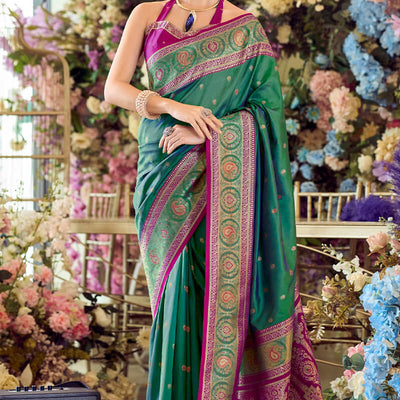 Sonorous Rama Soft Banarasi Silk Saree With Artistic Blouse Piece