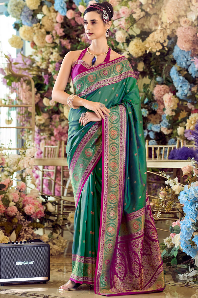 Sonorous Rama Soft Banarasi Silk Saree With Artistic Blouse Piece