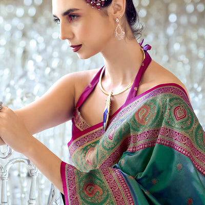 Sonorous Rama Soft Banarasi Silk Saree With Artistic Blouse Piece