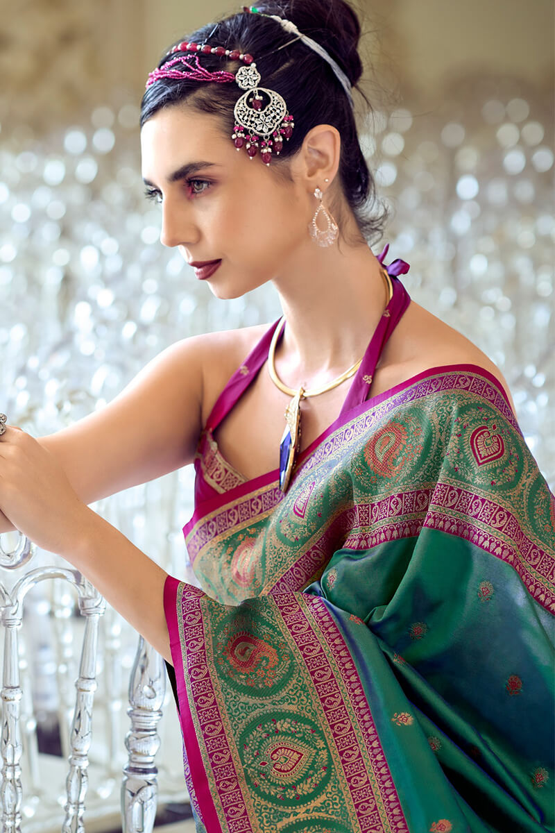 Sonorous Rama Soft Banarasi Silk Saree With Artistic Blouse Piece