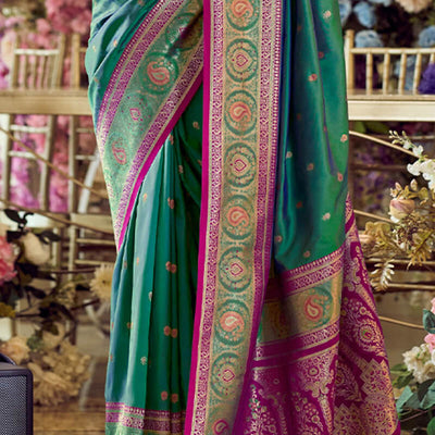 Sonorous Rama Soft Banarasi Silk Saree With Artistic Blouse Piece