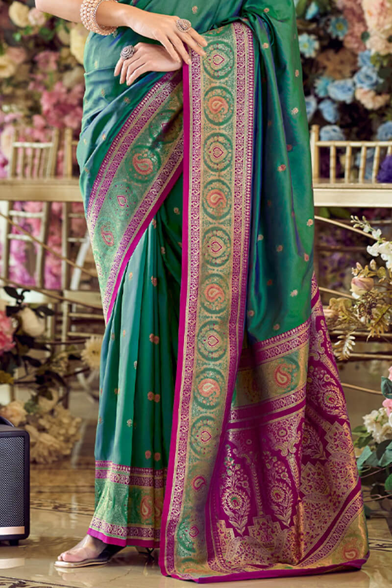 Sonorous Rama Soft Banarasi Silk Saree With Artistic Blouse Piece