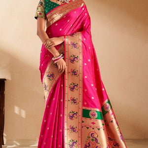 Capricious Dark Pink Paithani Silk Saree With Opulent Blouse Piece