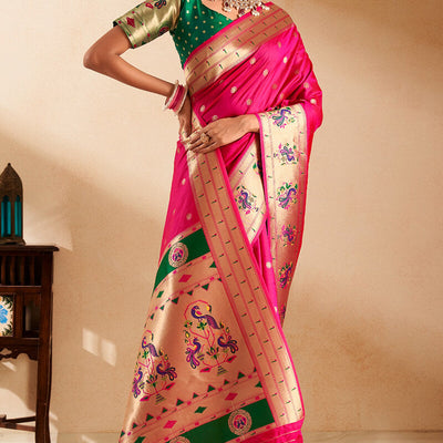 Capricious Dark Pink Paithani Silk Saree With Opulent Blouse Piece