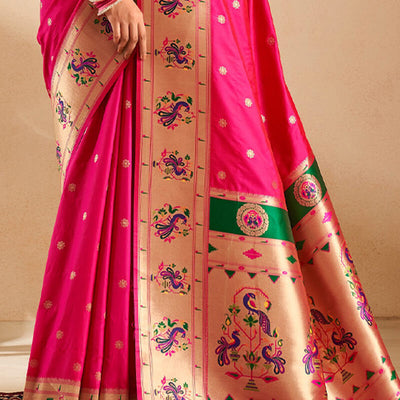 Capricious Dark Pink Paithani Silk Saree With Opulent Blouse Piece
