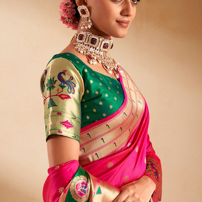 Capricious Dark Pink Paithani Silk Saree With Opulent Blouse Piece