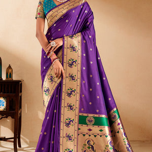 Ebullience Royal Purple Paithani Silk Saree With Dazzling Blouse Piece