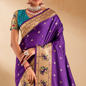 Ebullience Royal Purple Paithani Silk Saree With Dazzling Blouse Piece