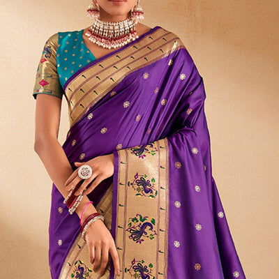 Ebullience Royal Purple Paithani Silk Saree With Dazzling Blouse Piece