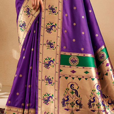 Ebullience Royal Purple Paithani Silk Saree With Dazzling Blouse Piece