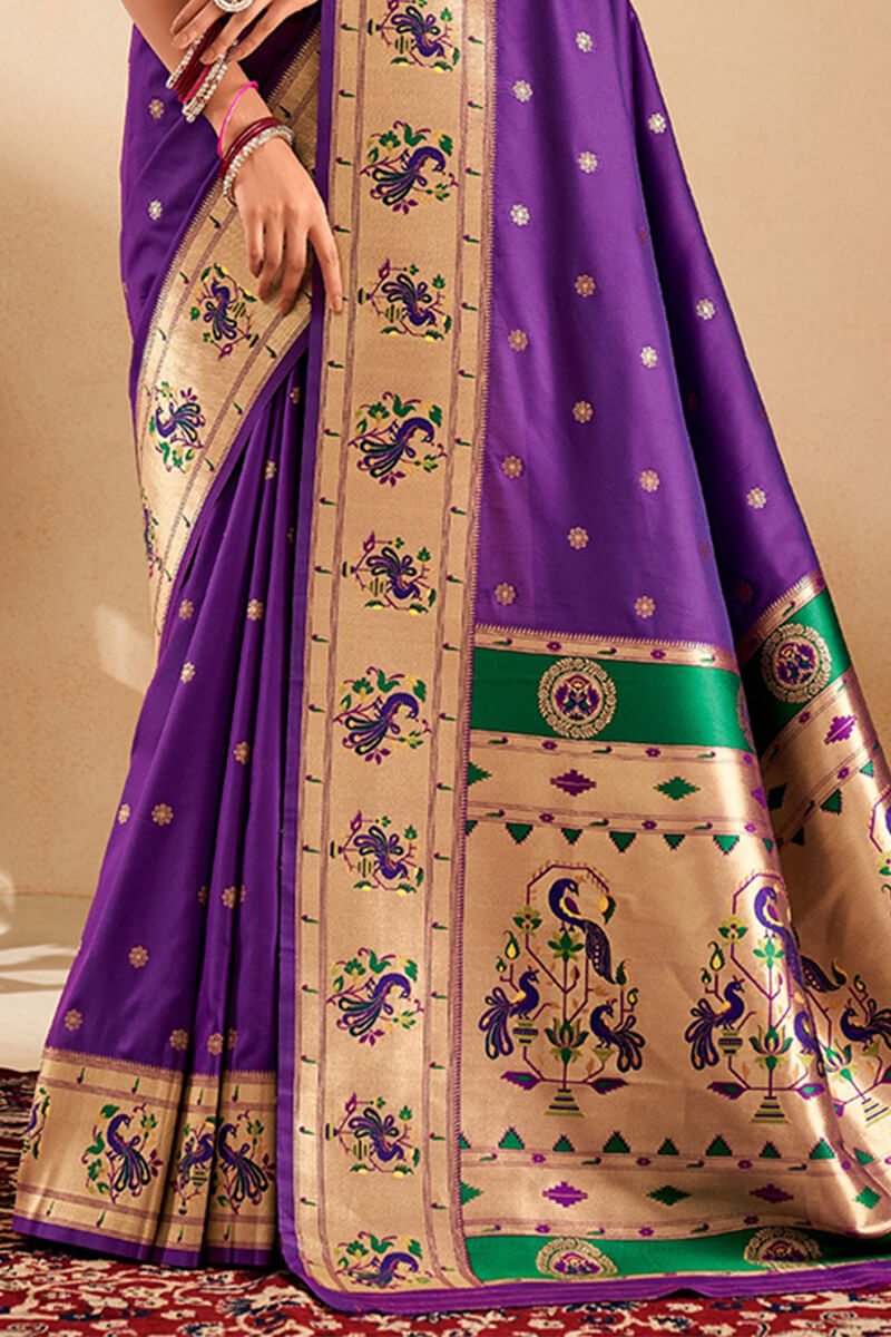 Ebullience Royal Purple Paithani Silk Saree With Dazzling Blouse Piece