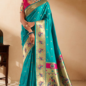 Embrocation Firozi Paithani Silk Saree With Demanding Blouse Piece