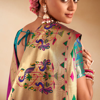 Embrocation Firozi Paithani Silk Saree With Demanding Blouse Piece