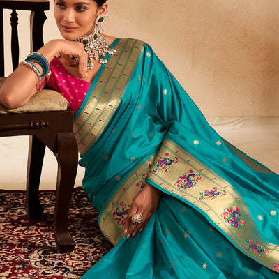 Embrocation Firozi Paithani Silk Saree With Demanding Blouse Piece