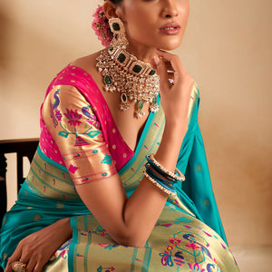 Embrocation Firozi Paithani Silk Saree With Demanding Blouse Piece