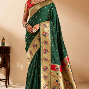 Panache Dark Green Paithani Silk Saree With Vestigial Blouse Piece