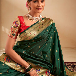 Panache Dark Green Paithani Silk Saree With Vestigial Blouse Piece