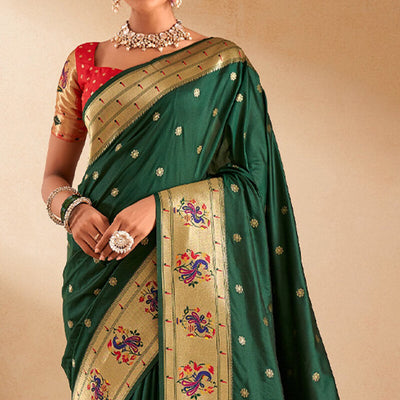 Panache Dark Green Paithani Silk Saree With Vestigial Blouse Piece