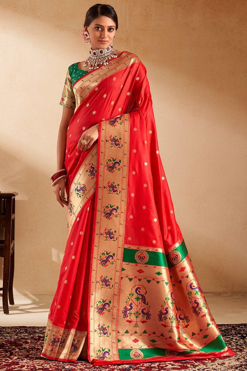 Ephemeral Red Paithani Silk Saree With Preferable Blouse Piece