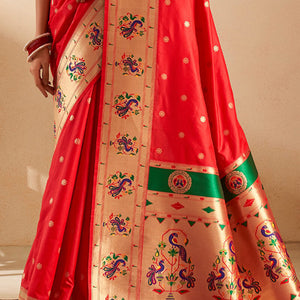 Ephemeral Red Paithani Silk Saree With Preferable Blouse Piece