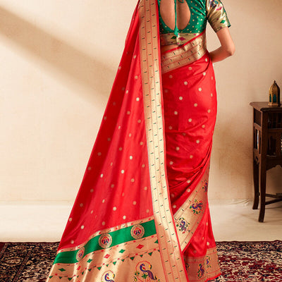 Ephemeral Red Paithani Silk Saree With Preferable Blouse Piece
