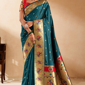 Entrancing Rama Paithani Silk Saree With Nebula Blouse Piece